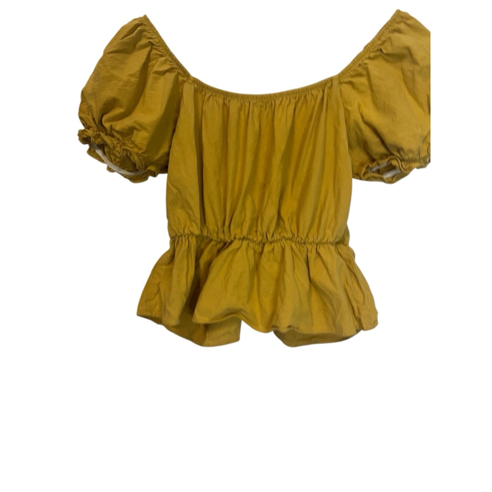Sienna Sky Mustard Peplum Puff Sleeve Tie Front Cottagecore Top Medium - Picture 7 of 11